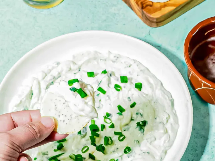 Person holding round cracker with sour cream onion dip topped with scallions