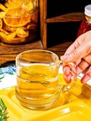 person holding handle of clear glass mug with pile of honey lemons and sprig of rosemary in foreground