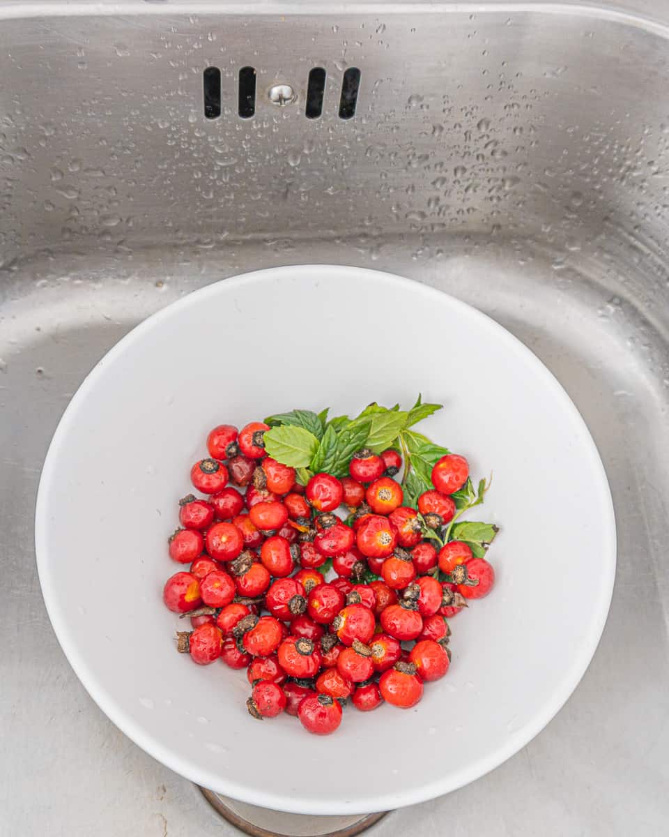 bowl of unwashed rose hips with a sprig of wild mint