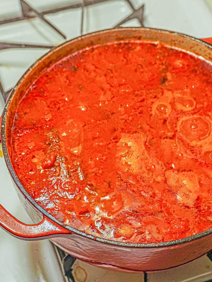 red dutch oven with red sugo tomato sauce simmering