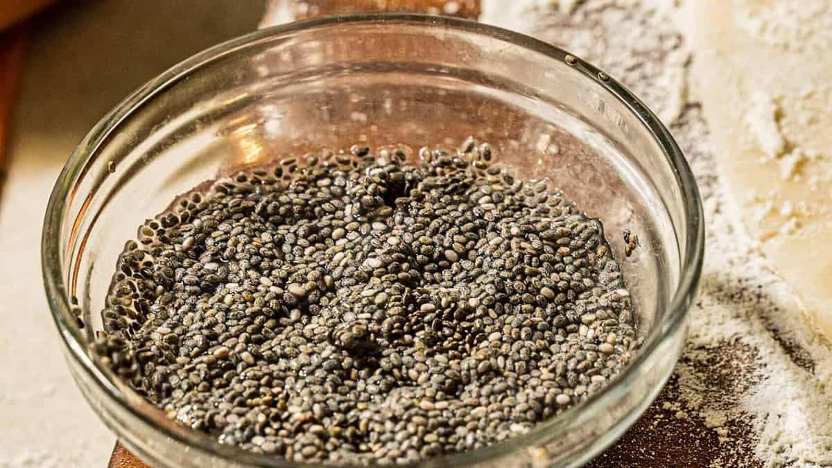 hydrated chia seeds in a small glass bowl