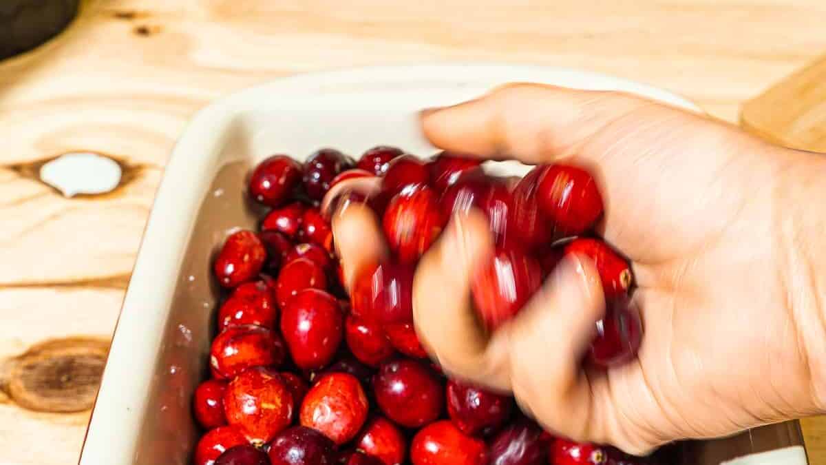 person holding cranberries over a small baking dish