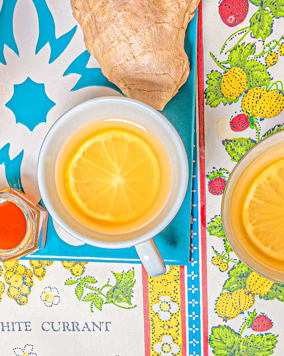 top down view of ginger tea with lemon