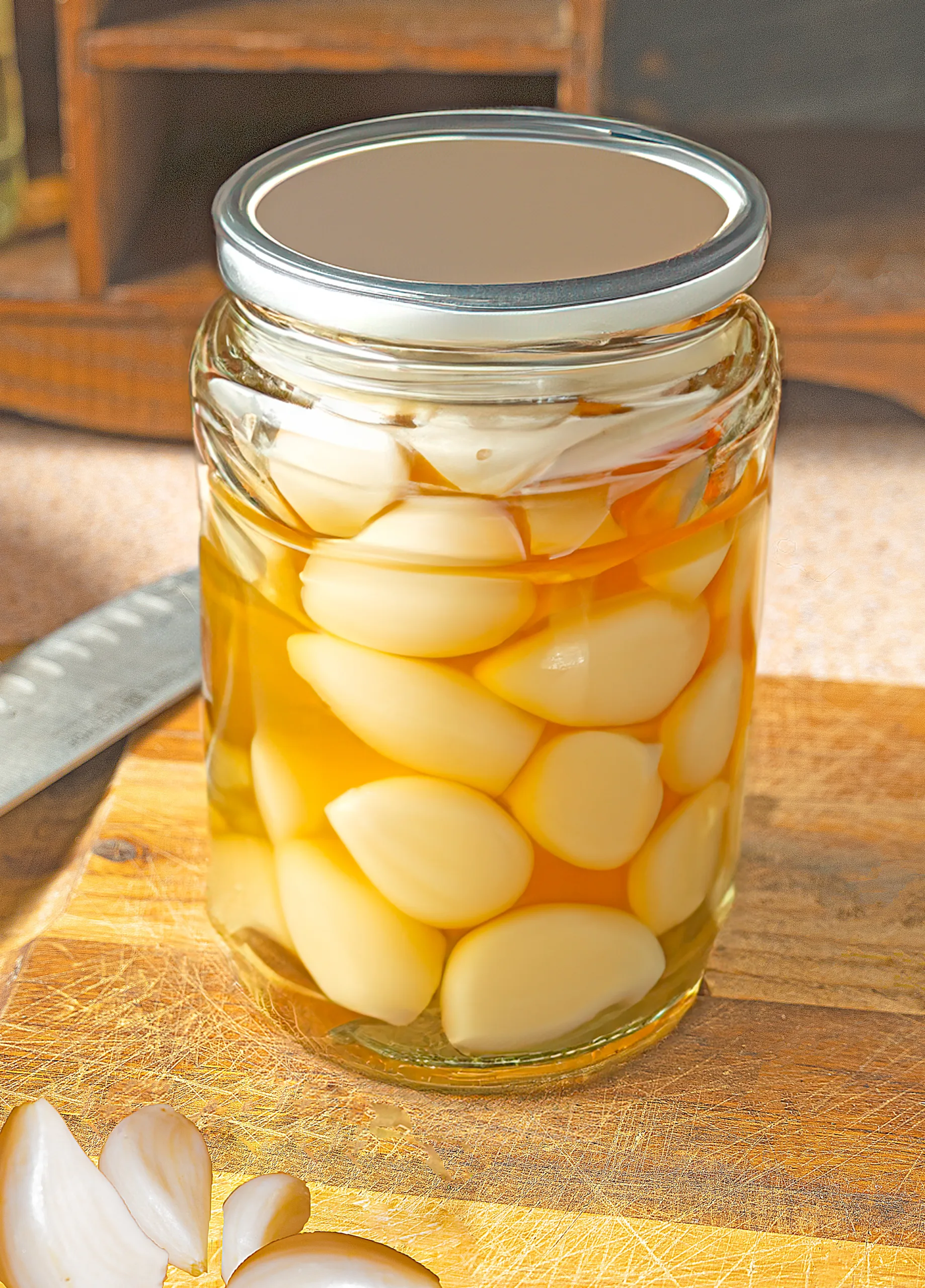 garlic cloves fermented in honey in a glass mason jar