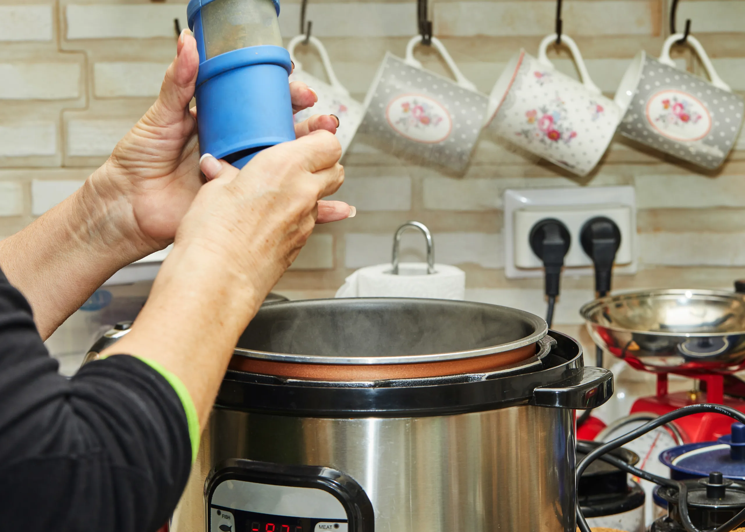 Cooking meat in a slow cooker, a woman peppers the meat