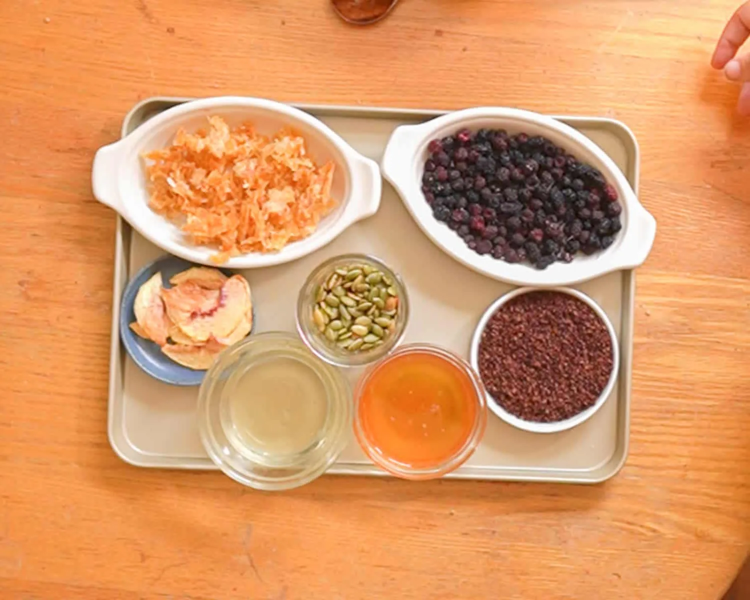 granola ingredients, foraged berries, dock seeds, hoeny, coconut oil, dried pineapple, peaches, and pepitas