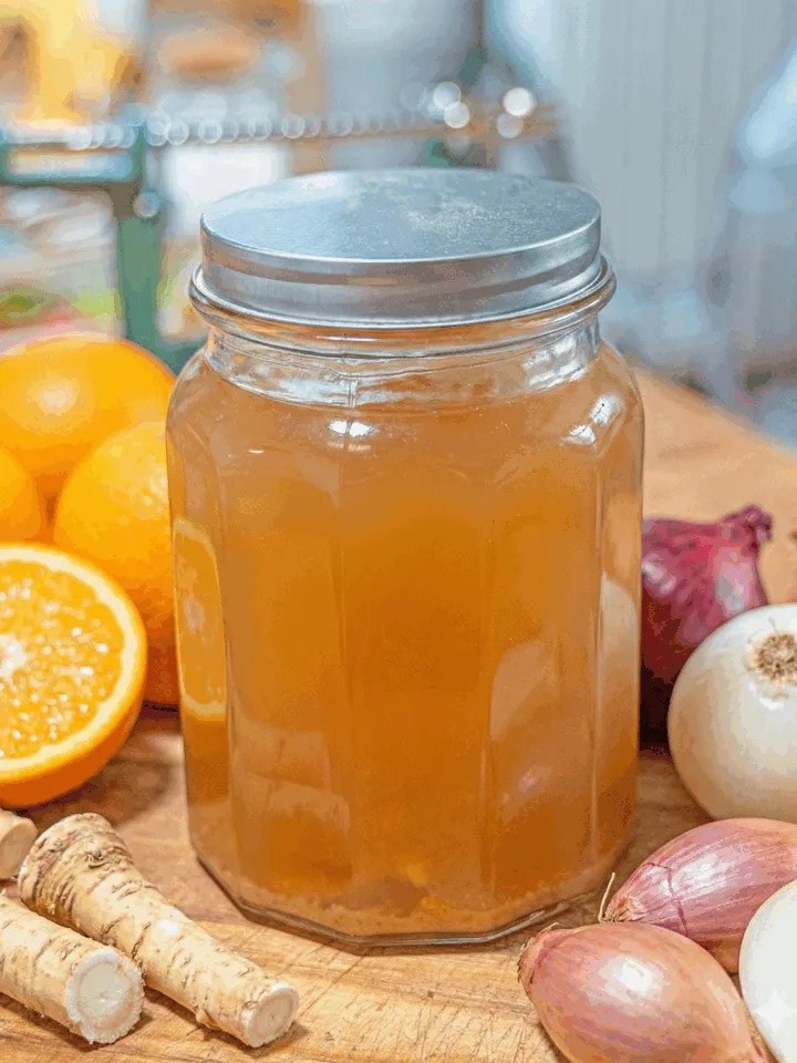 jar of fire cider with oranges, horseradishes and onions around it