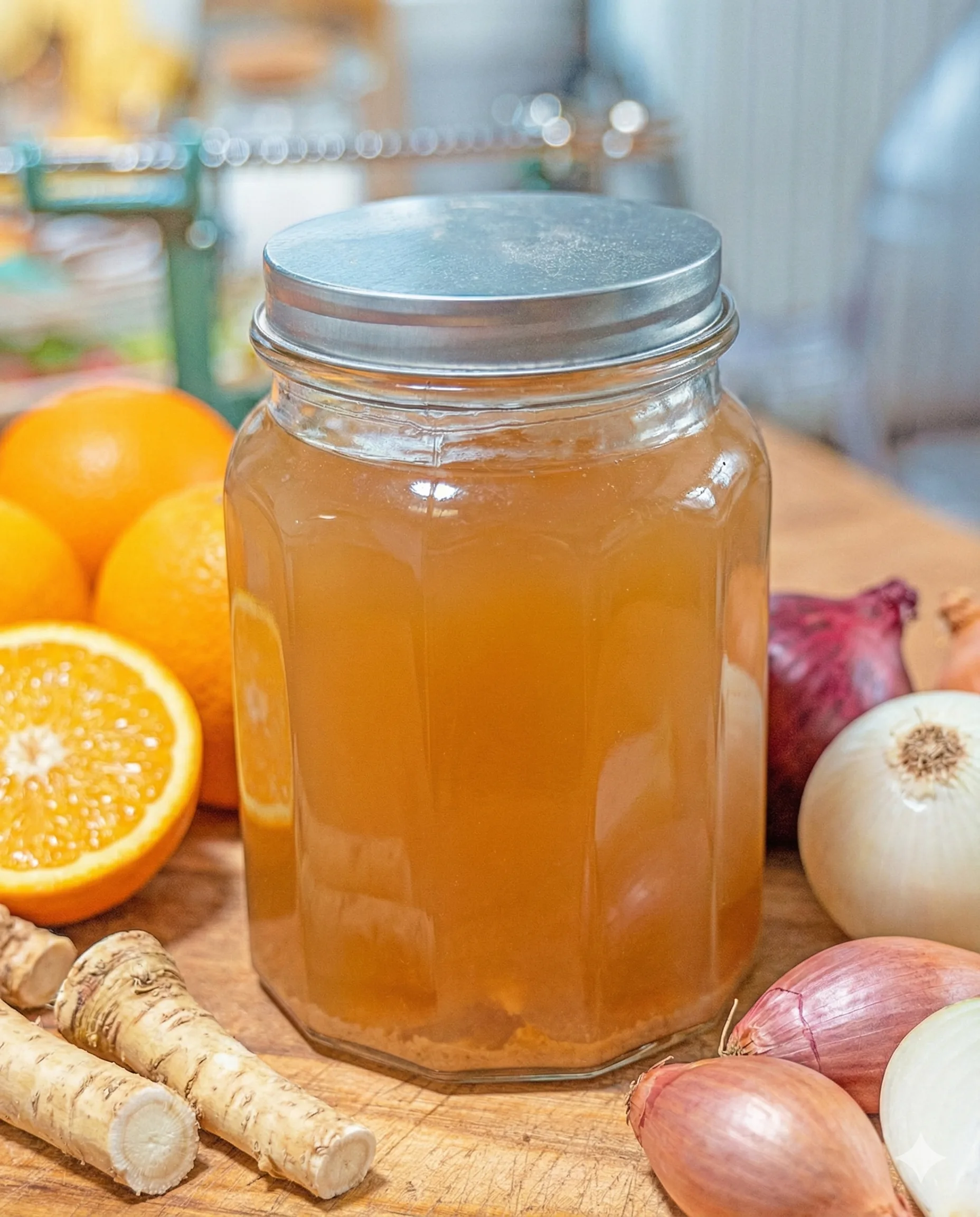 jar of fire cider with oranges, horseradishes and onions around it