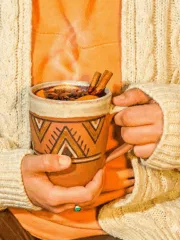 person in w white sweater holding a mug of mulled wine