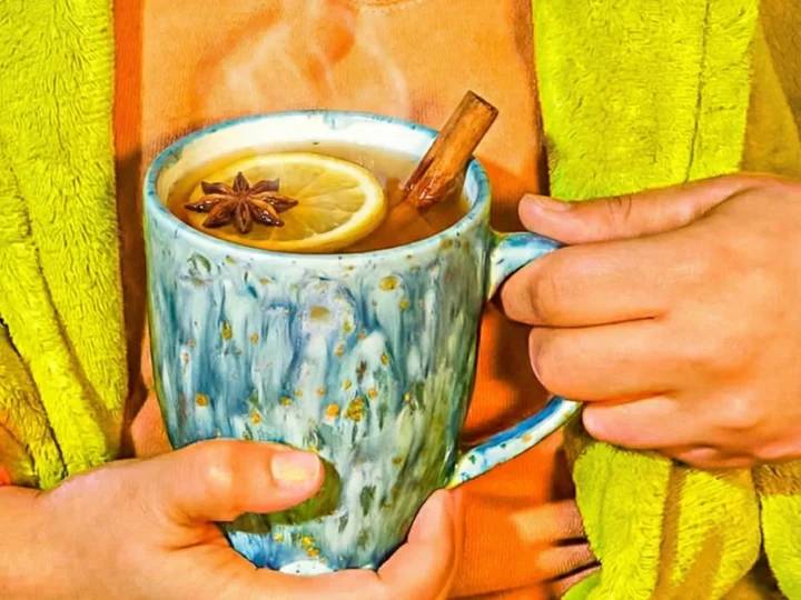 a person holding a hot toddy in a blue mug