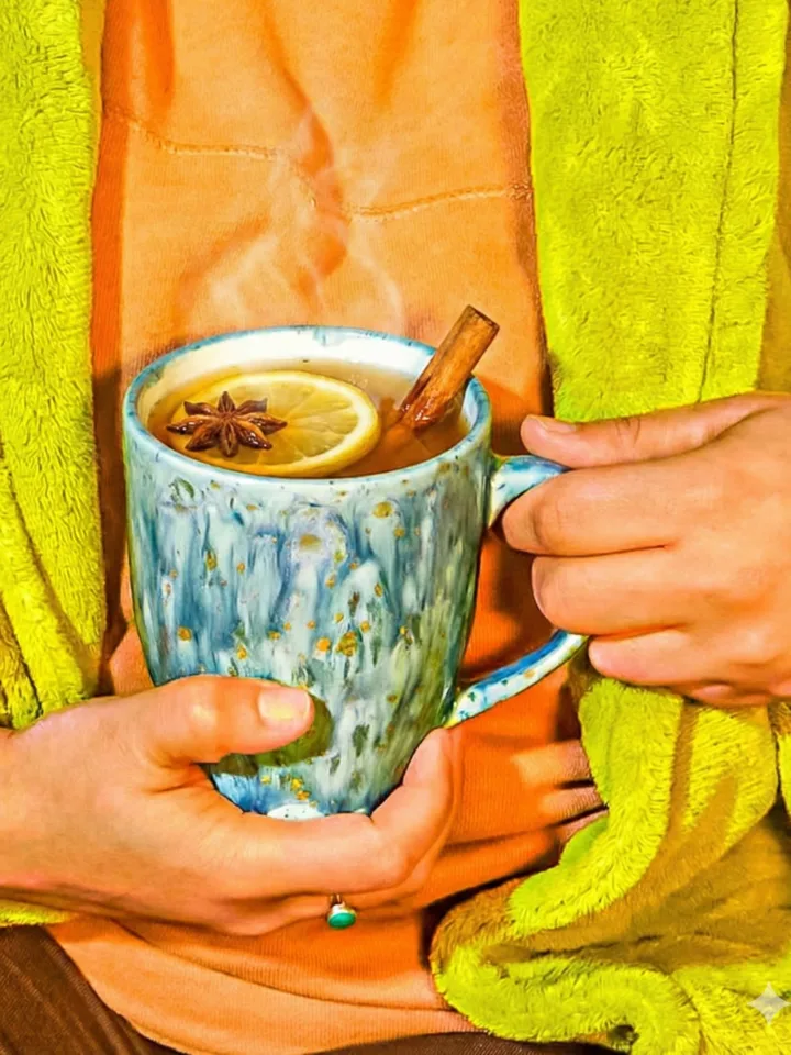 a person holding a hot toddy in a blue mug