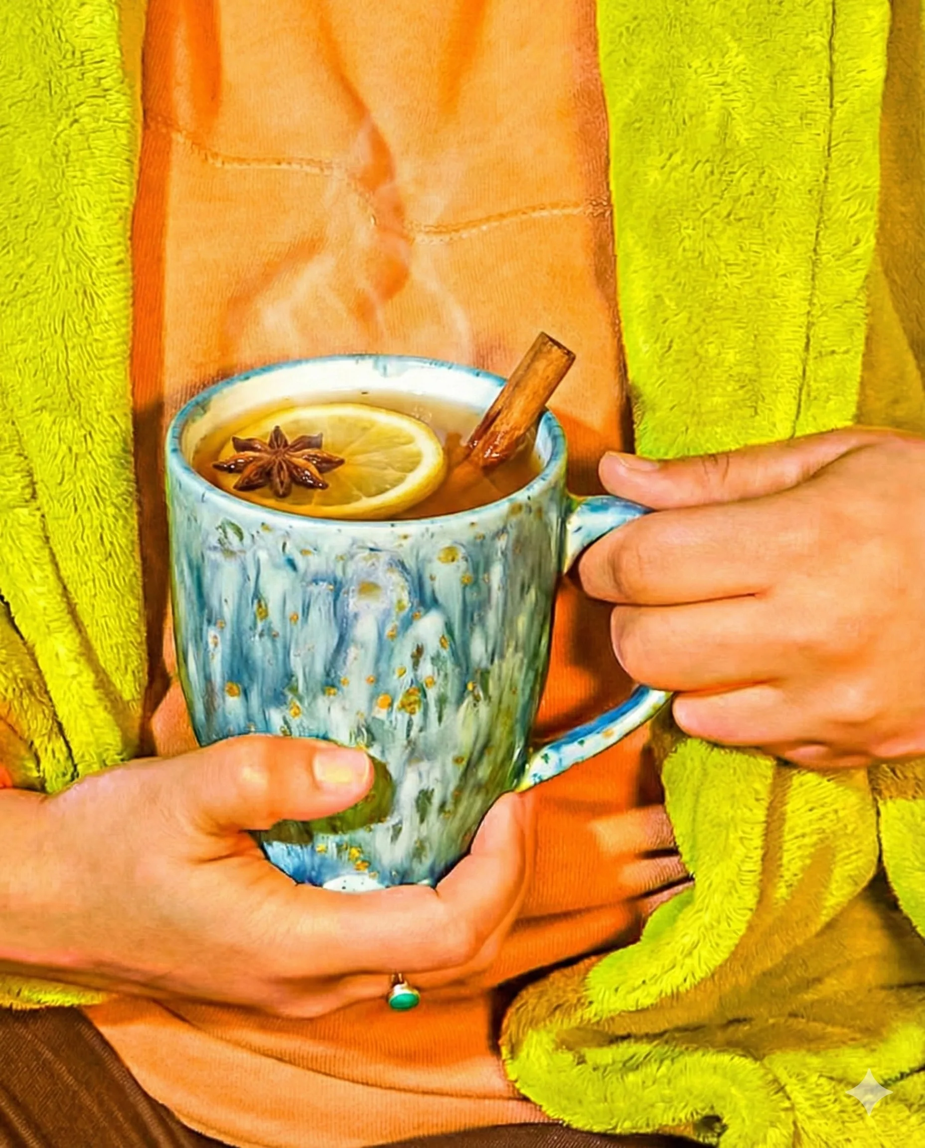 a person holding a hot toddy without alcohol in a blue mug